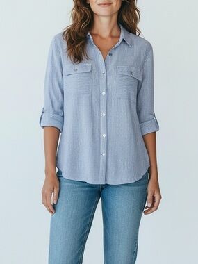 Chaps Women’s Blue and White Striped Button-Up Shirt